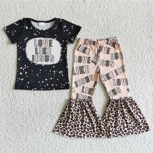 SALES NEW Baby Girls Black Short Sleeve Leopard Print Bell Pant Clothing Set Infant Outfit Two-Piece Set
