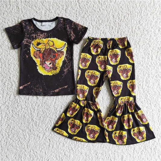 SALES NEW Baby Girls Western Sunflower Cow Bell Pants Clothing Sets Cute Outfit Toddler