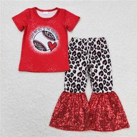 SALES NEW Baby Girls Red Sequin Top And Leopard Bell Pants Baseball Outfit Set
