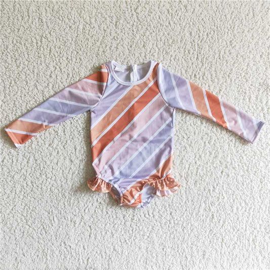 S0004 kids long-sleeved orange diagonal striped one-piece swimsuit