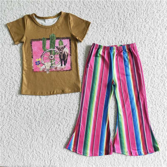 SALES NEW Baby Girls Western Cactus Print Short Sleeve Top with Stripe Bell Pants Outfit Set Casual Comfortable Clothing for Infants