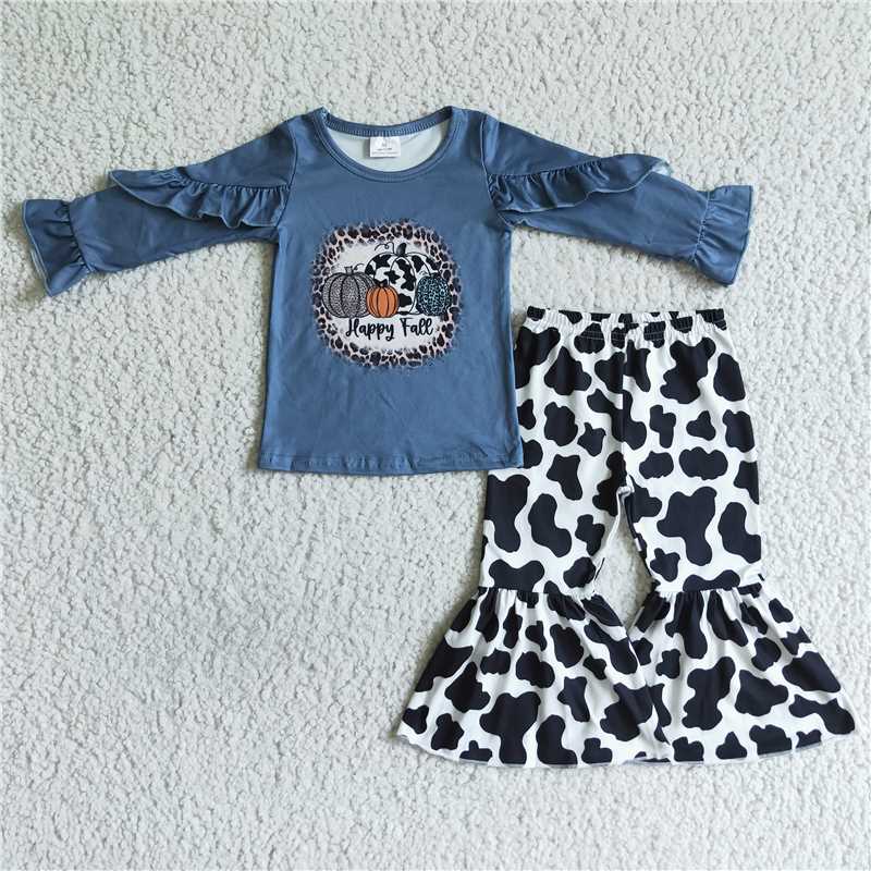 SALES  NEW  Baby girls Happy fall pumpkin cow print pants clothes sets