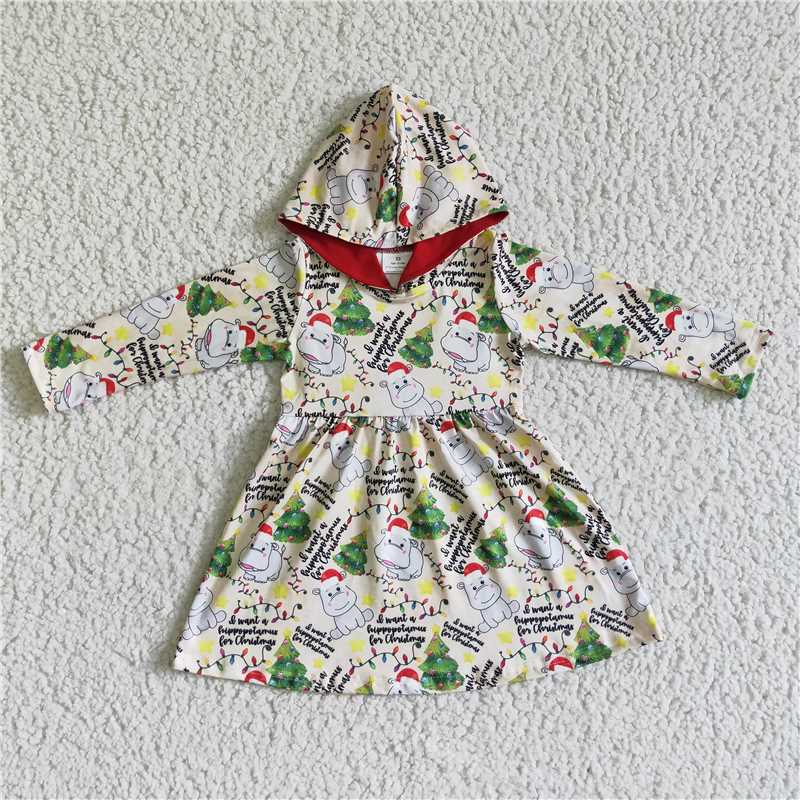 RTS NO MOQ  Christmas Hippo Pattern Long Sleeve Suit & Top & Dress