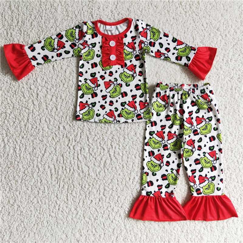 SALES  NEW   baby Girls christmas cartoon ruffle pajamas pants sets