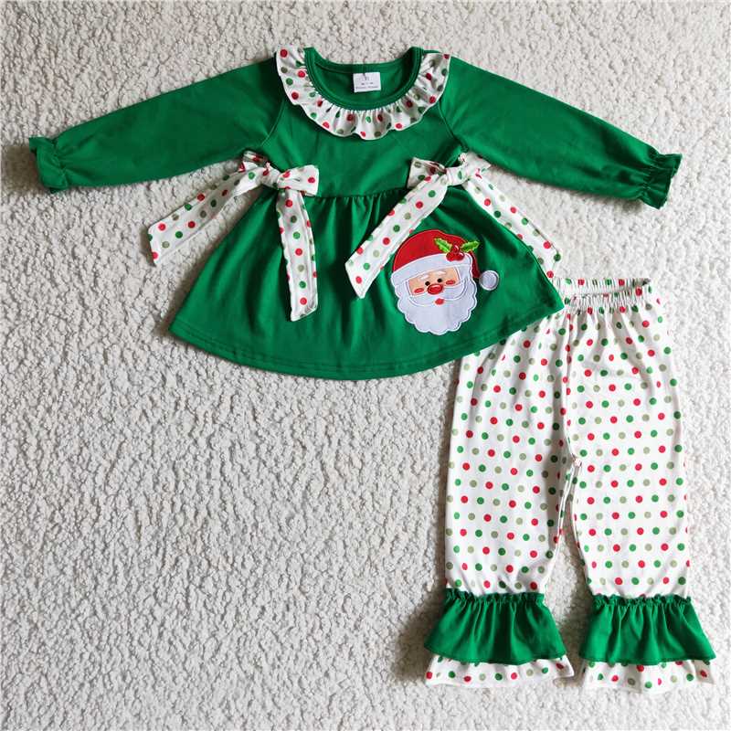 RTS NO MOQ GLP0163 GLP0321 Green long-sleeved suit with embroidered Santa Claus: Girls & Boys