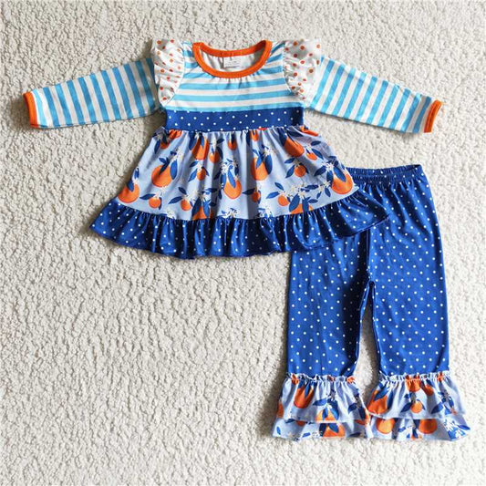 SALES  NEW Baby Girls Long Sleeve Top And Pants Outfit Set with Blue Color Fruits Design for Fall Season