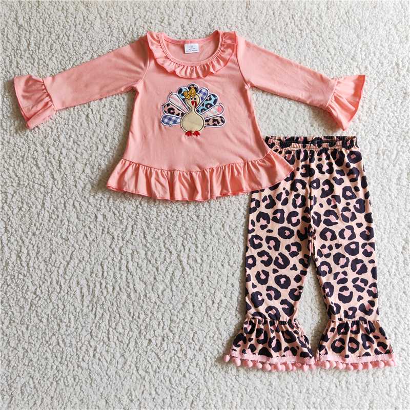 RTS NO MOQ LR0146 GLP0203 GT0040 Embroidered turkey pattern orange and pink pleated long-sleeved suit & romper & top