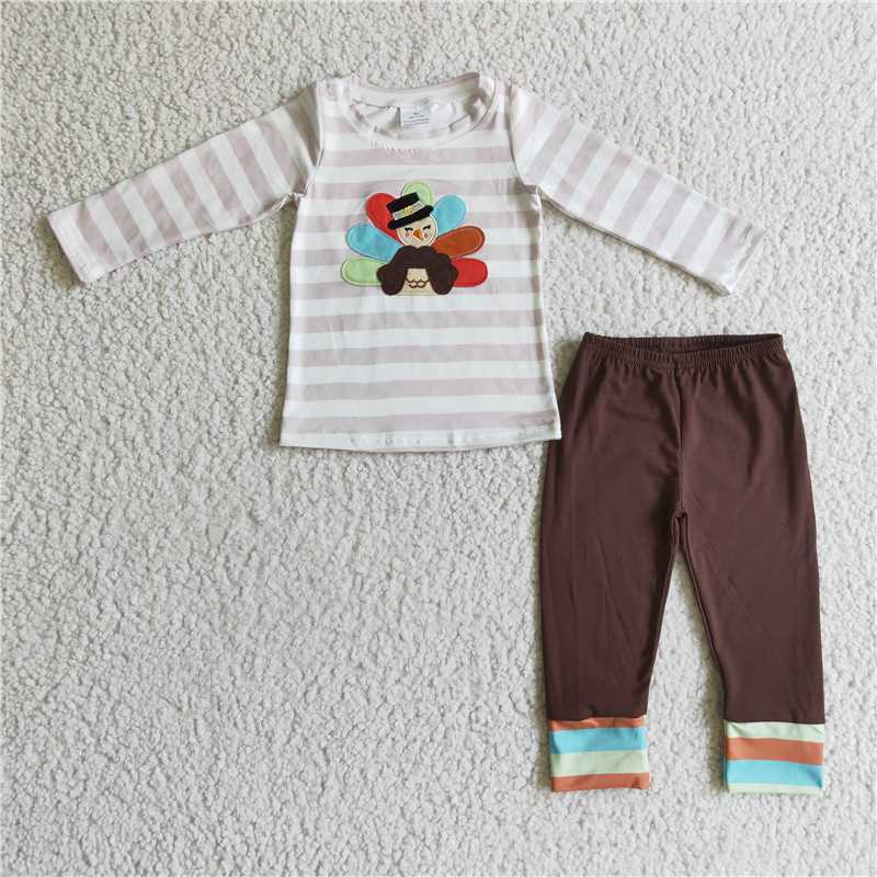 RTS NO MOQ GLP0219 BLP0081 Embroidered Turkey Long Sleeve Suit: Stripes & Polka Dots