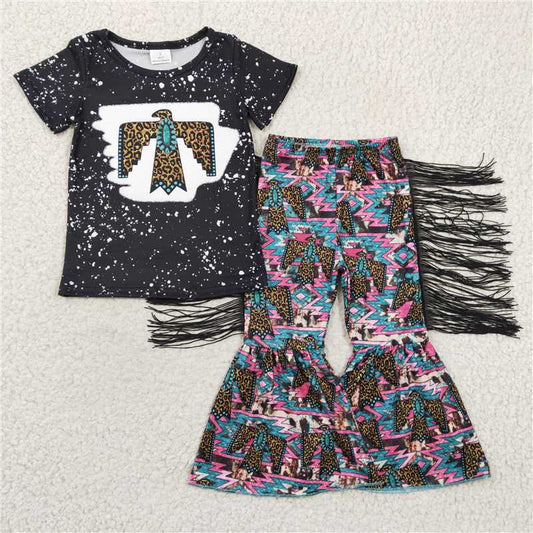 SALES NEW Baby Girls Western Black Bird Short Sleeve Outfit with Tassel Bell Pants Cute Print Baby Girl's Clothing Set