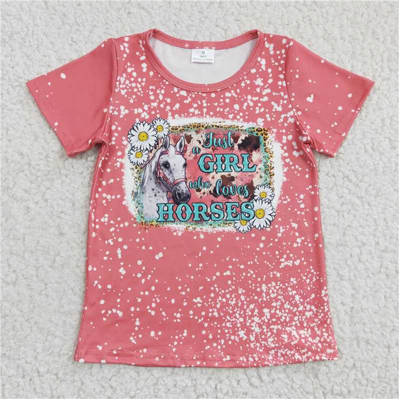 SALES NEW Baby Girls Pink Horse Western Short Sleeve Shirt Tops Little Girl's Cute Print clothes