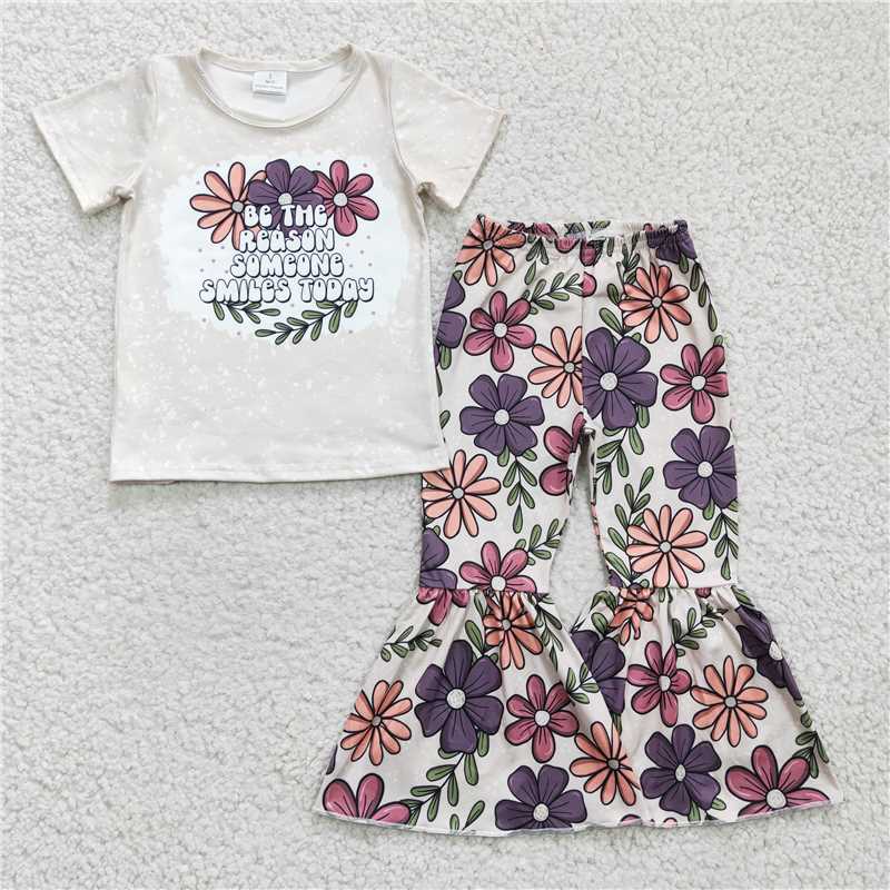 SALES NEW Baby Girls White Floral Short Sleeve Bell Pants Outfit Set Cute Infant Clothing Ensemble