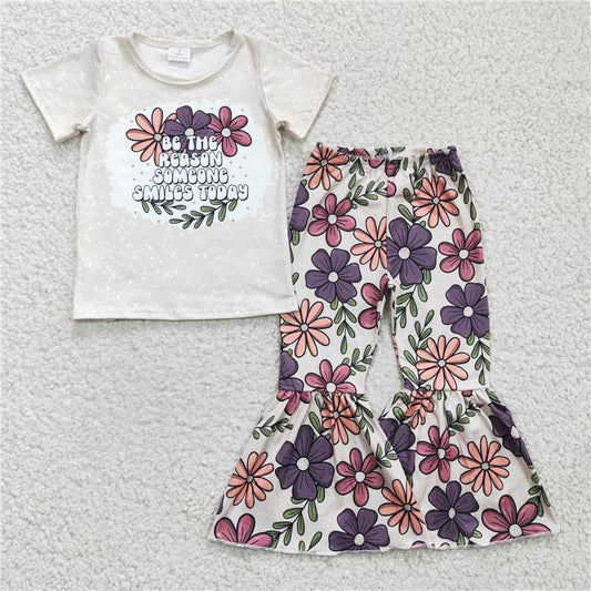 SALES NEW Baby Girls White Floral Short Sleeve Bell Pants Outfit Set Cute Infant Clothing Ensemble