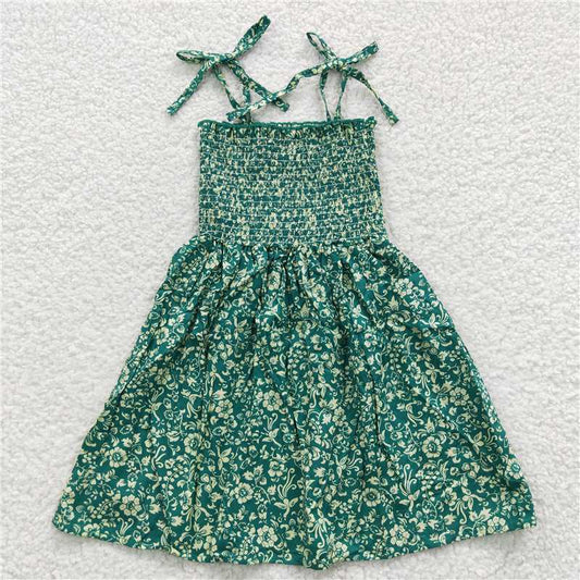 SALES  NEW Baby Girls Elastic Knee Length Dresses Green Flowers Cute Baby Girl Dress Baby Clothing