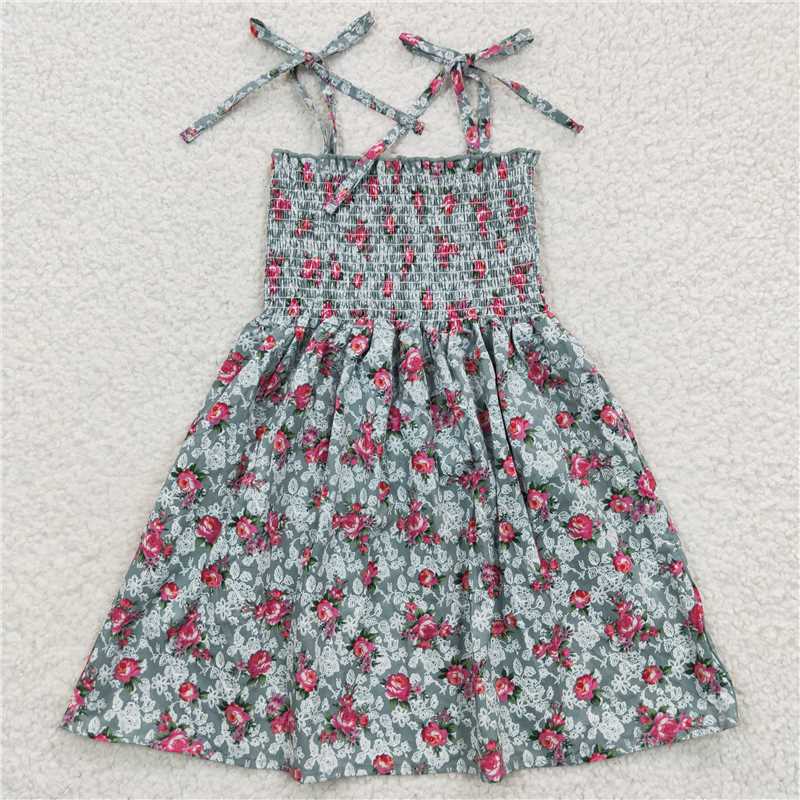 SALES  NEW Baby Girls Green Floral Print Elastic Waist Knee-Length Dress Cute Children's Clothing