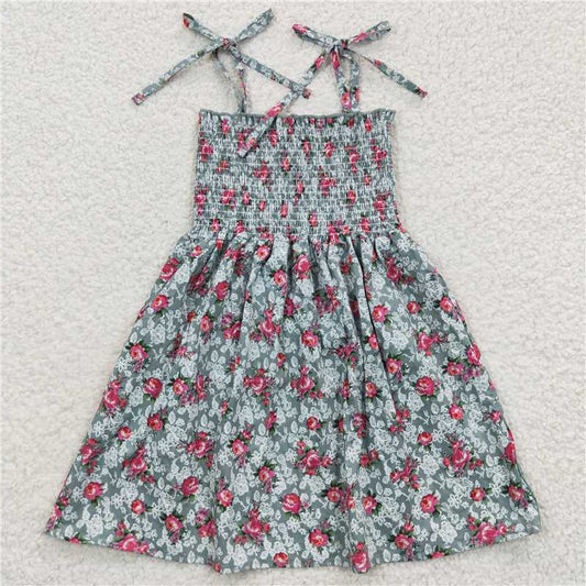 SALES  NEW Baby Girls Green Floral Print Elastic Waist Knee-Length Dress Cute Children's Clothing