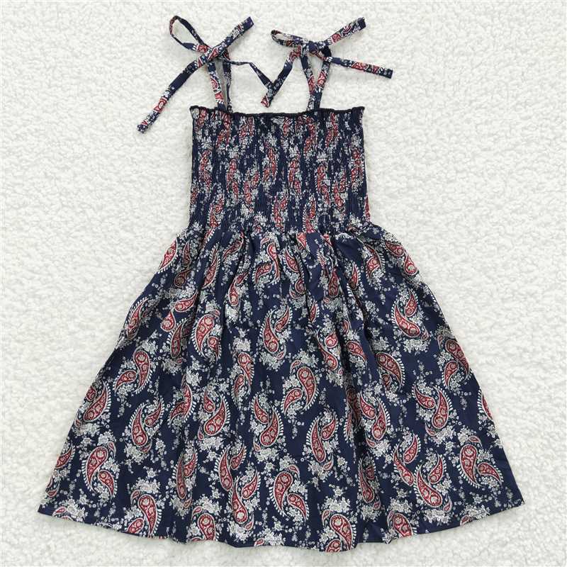 SALES  NEW Baby Girls Knee-Length Elastic Dresses Dark Blue Floral Print Cute Infant Girl Dress for Special Occasions