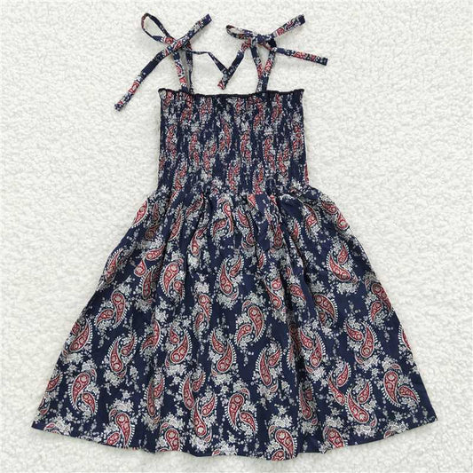 SALES  NEW Baby Girls Knee-Length Elastic Dresses Dark Blue Floral Print Cute Infant Girl Dress for Special Occasions