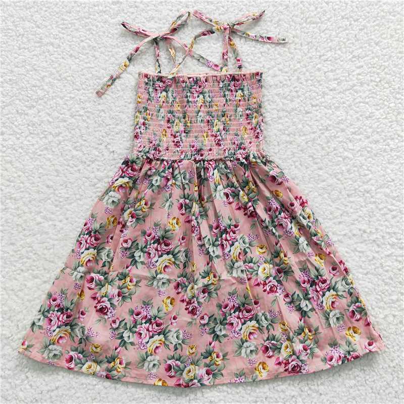 SALES  NEW Baby Girls Pink Floral Elastic Waist Knee-Length Dresses Soft Cotton Floral Print Dress for Little Girls
