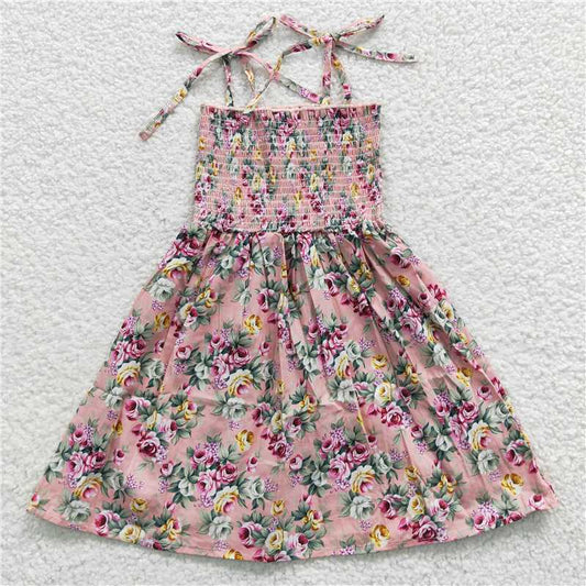 SALES  NEW Baby Girls Pink Floral Elastic Waist Knee-Length Dresses Soft Cotton Floral Print Dress for Little Girls