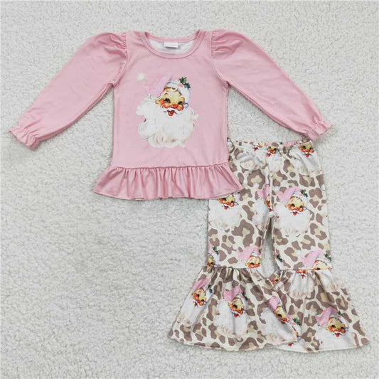 NEW RTS NO MOQ milk silk GLP0549 Baby Girls Christmas Pink Santa Print Long Sleeve Top Ruffle Pant Sets