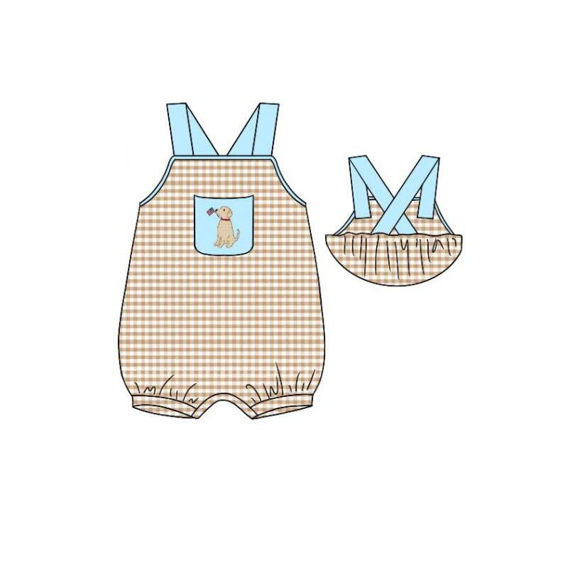 5.17custom each style moq 5eta 4-5week Sibling Sister patriotic puppy print blue and pink girls and boys outfits and baby romper match family design