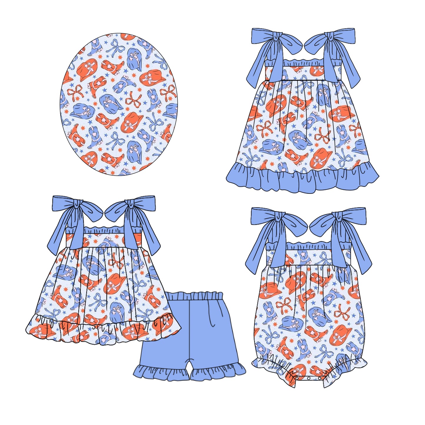 11.26 custom each style moq 5eta 4-6week Sibling Sister 4th of july boot bow baby girl short sleeve shorts sets and dress and rompers match family design