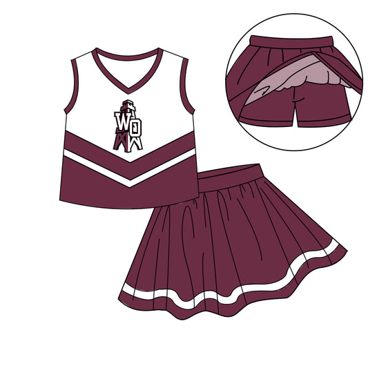 Custom moq 5 mix size milk silk eta 6-8weeks summer team brick red baby girls clothes team sleeveless skirts shorts sets-25.7.11
