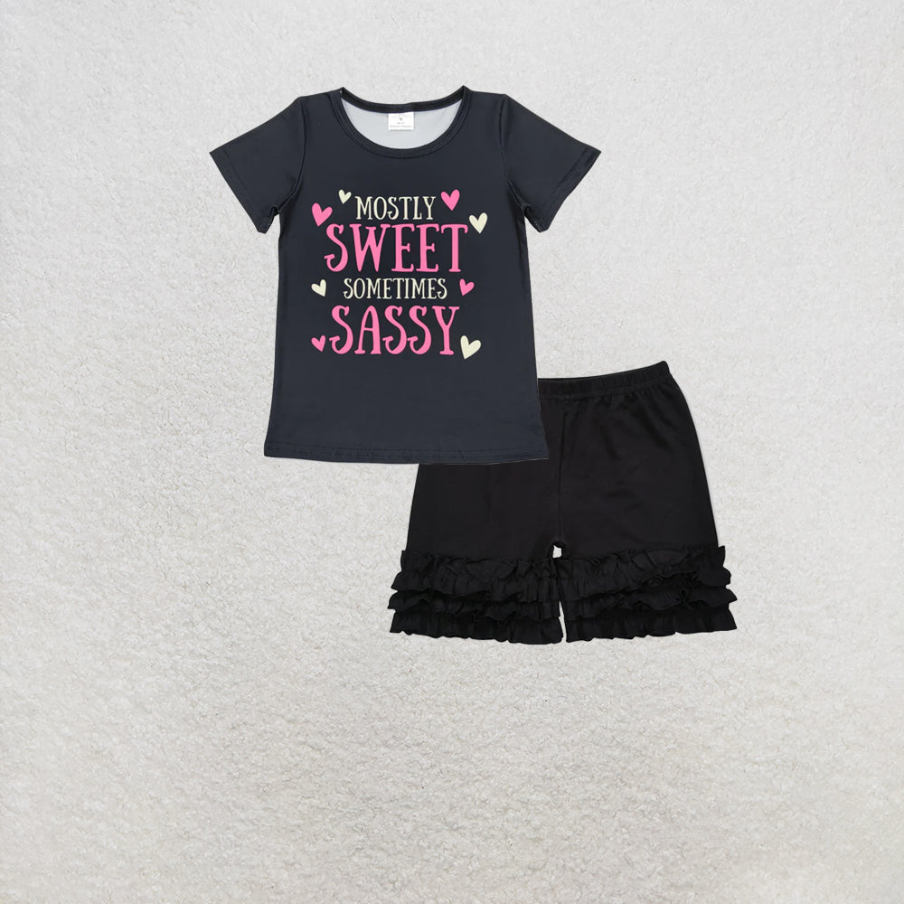 RTS NO MOQ GT0422+A16-3 Baby Girls Mostly Sweet Sometimes Sassy Black Short Sleeve Tee Shirts Tops Set