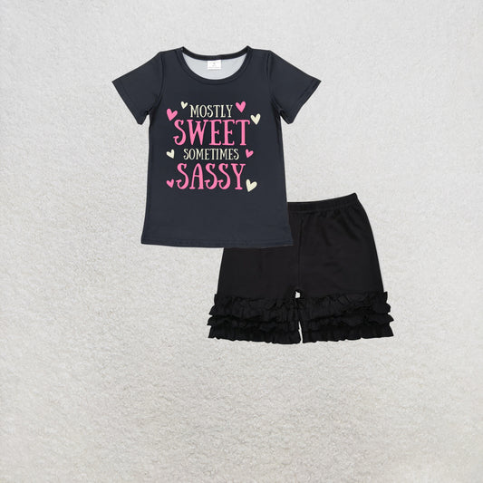 RTS NO MOQ GT0422+A16-3 Baby Girls Mostly Sweet Sometimes Sassy Black Short Sleeve Tee Shirts Tops Set