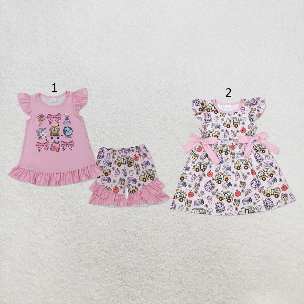 RTS NO MOQ Sibling milk silk Baby Girls Pink Bow Pencil Print Tunic Top Ruffle Elastic Waist Shorts Back To School Set Dresses(2T-14-16T）
