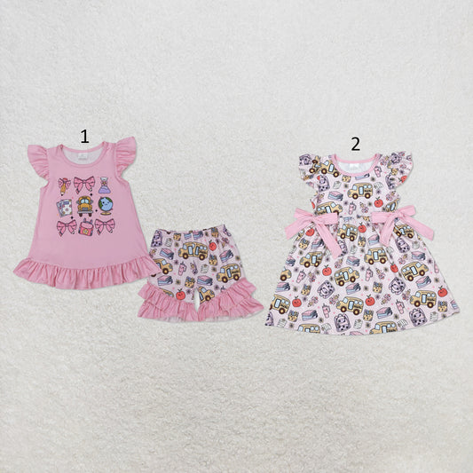 RTS NO MOQ Sibling milk silk Baby Girls Pink Bow Pencil Print Tunic Top Ruffle Elastic Waist Shorts Back To School Set Dresses(2T-14-16T）