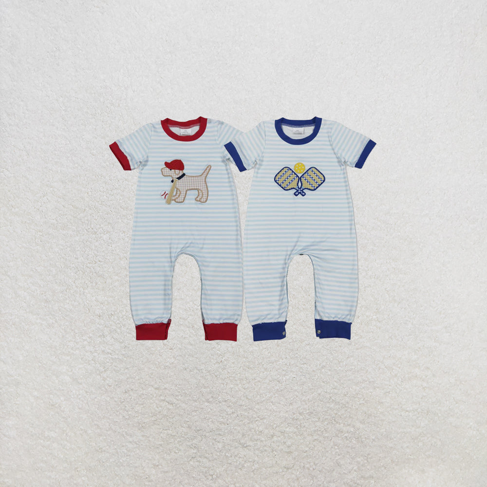 RTS NO MOQ Sibling Baby Boys Embroidery Dog Baseballs Stripe Team Footie Rompers