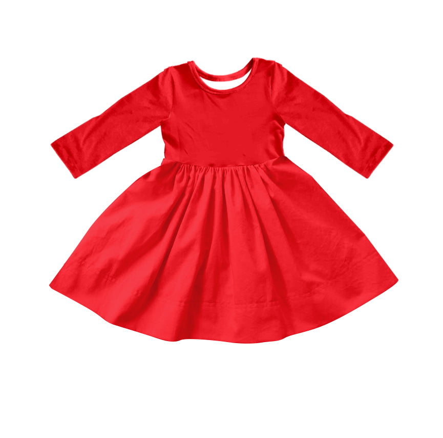 Custom moq 5 Girls Blank Cotton Long Sleeve Dress Bright Red Long Sleeve Dress