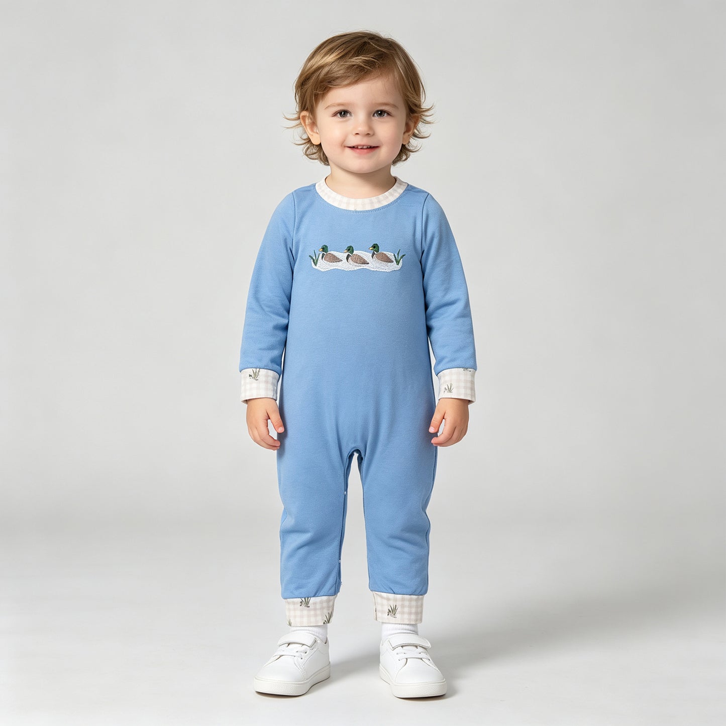 RTS NO MOQ milk silk  LR3007 Embroidery Ducks Baby Boys Long Sleeve Hunting Pant Rompers