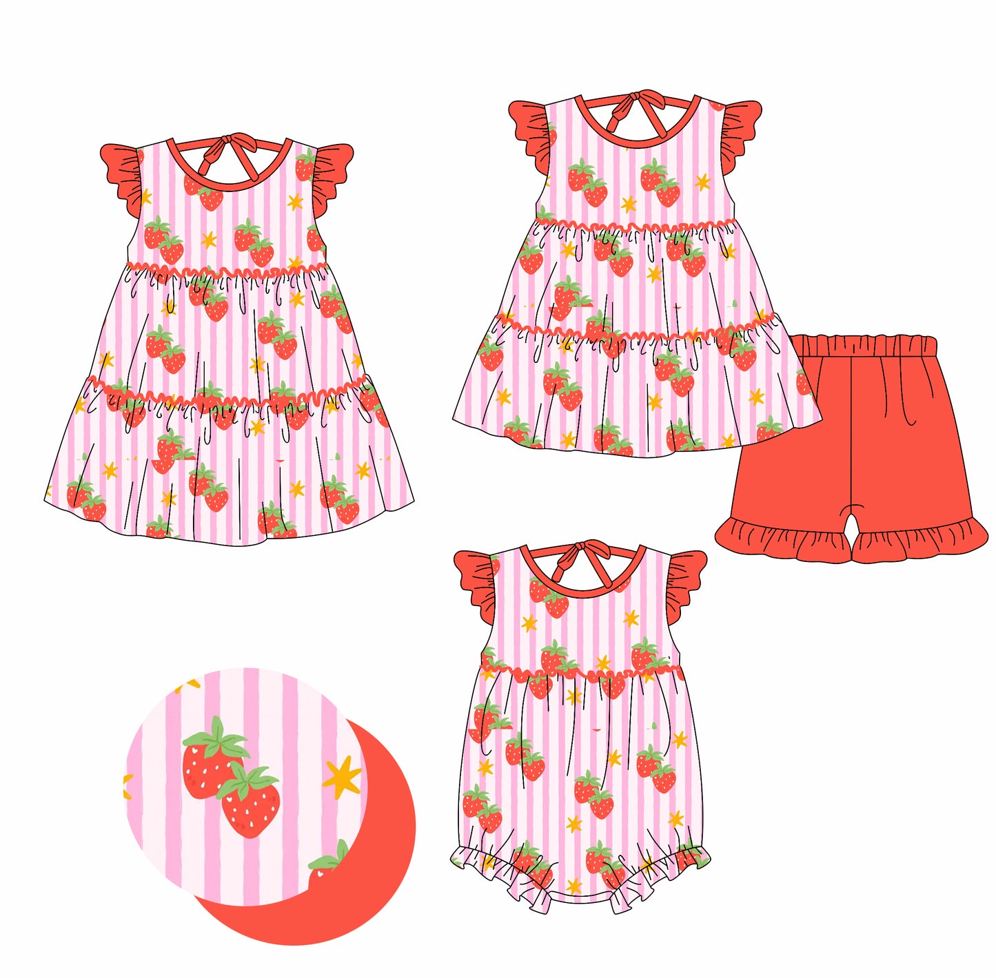 26.1.23 custom each style moq 5 eta 6-8week Sibling Sister strawberry baby short sleeve shorts sets and romper and dress match design