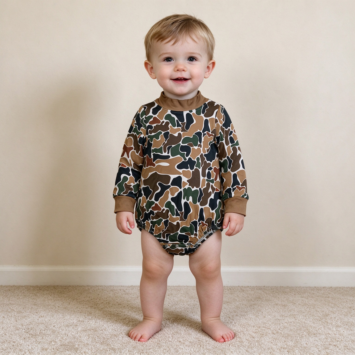NEW RTS NO MOQ milk silk LR3261 Baby Boys High Neck Long Sleeve Dark Brown Camo Casual Rompers