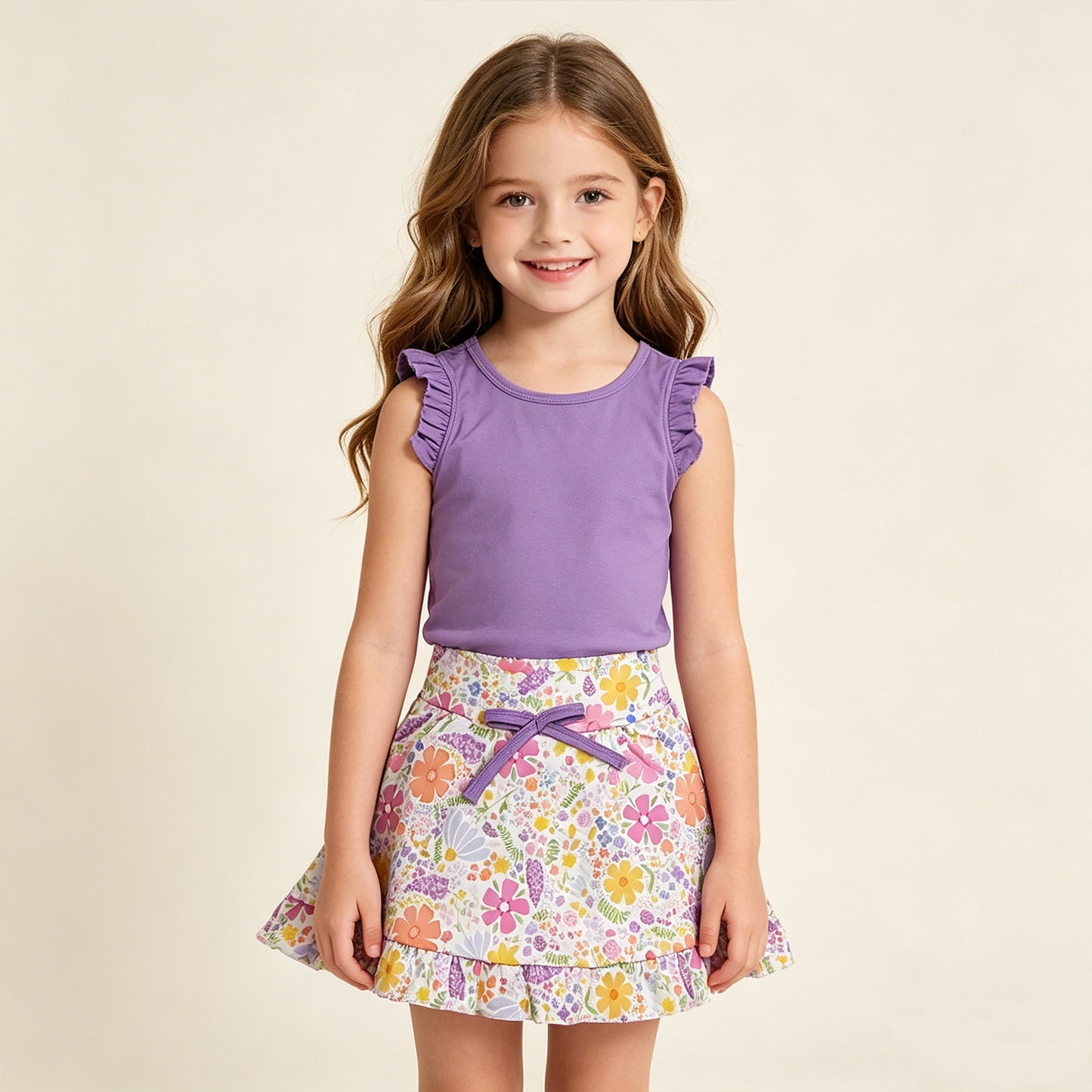 RTS NO MOQ GSD3771 Little Girls Purple Sleeveless Vest Floral Pocket Yoga Set