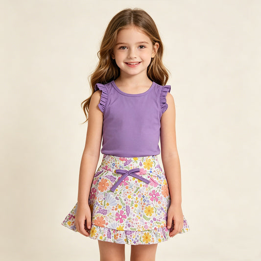 RTS NO MOQ GSD3771 Little Girls Purple Sleeveless Vest Floral Pocket Yoga Set