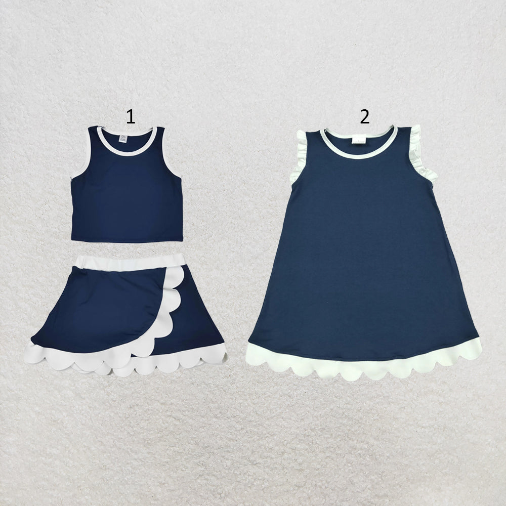 RTS NO MOQ Sibling cotton Baby Girls Navy White Sleeveless Vest And Scallop Hem Short Skirt Yoga Set Scallop Knee Length Dresses