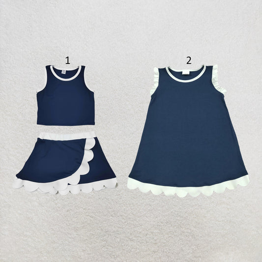 RTS NO MOQ Sibling cotton Baby Girls Navy White Sleeveless Vest And Scallop Hem Short Skirt Yoga Set Scallop Knee Length Dresses