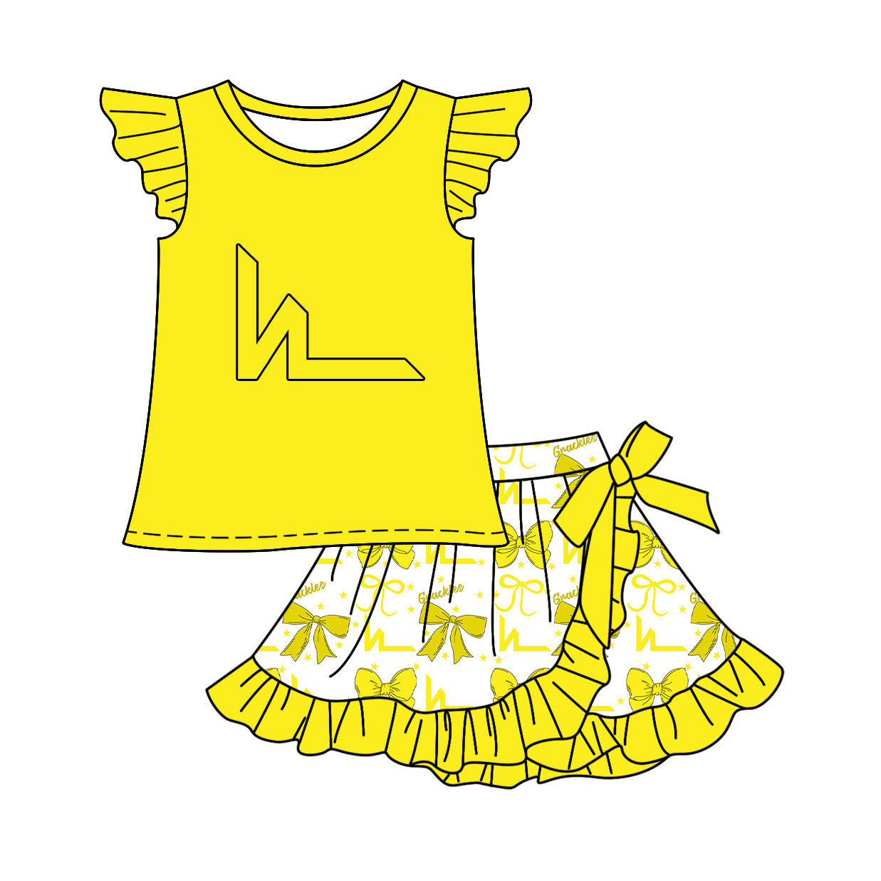 Custom moq 5 mix size milk silk baby girls clothes team bow yellow sleeveless skirts sets 1 and set 2 and dress-25.7.18