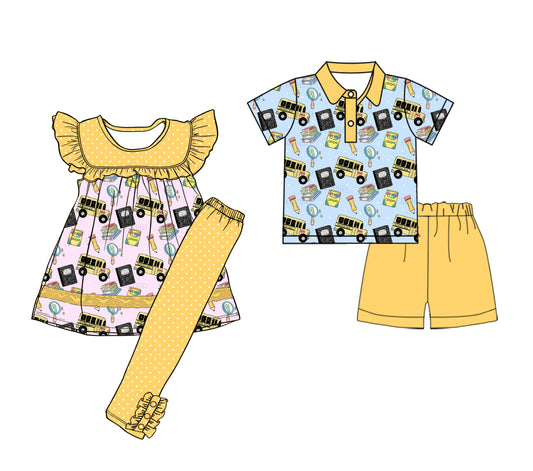 Custom moq 5 mix size Sibling Baby Girl's Flutter-Sleeved Top And Trousers Set Baby Boy's Short-Sleeved Top And Shorts Set for Back to School