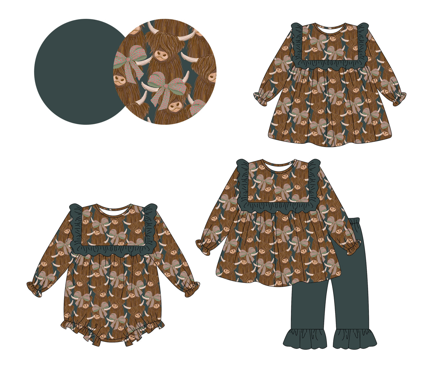 4.15 Custom moq 5 mix size Sibling Baby Girl's Cows Long-Sleeved Pants Set Matching Romper And Dress Outfit Set