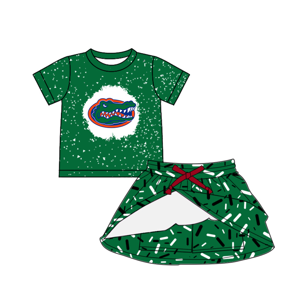 Custom moq 5 mix sizes summer teams baby girls clothes team green short sleeve skirts shorts sets dress top-25.5.9