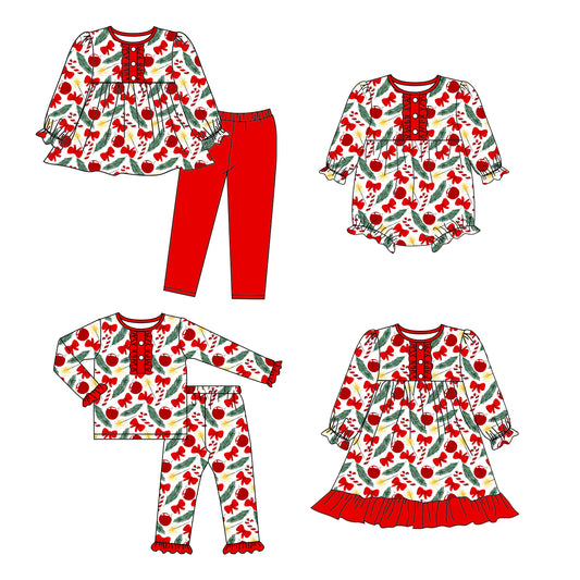 25.5.15 custom each style moq 5eta 4-6week Sibling Sisters Christmas bow baby girl long sleeve pants sets 1 and sets 2 and dress and romper match family design