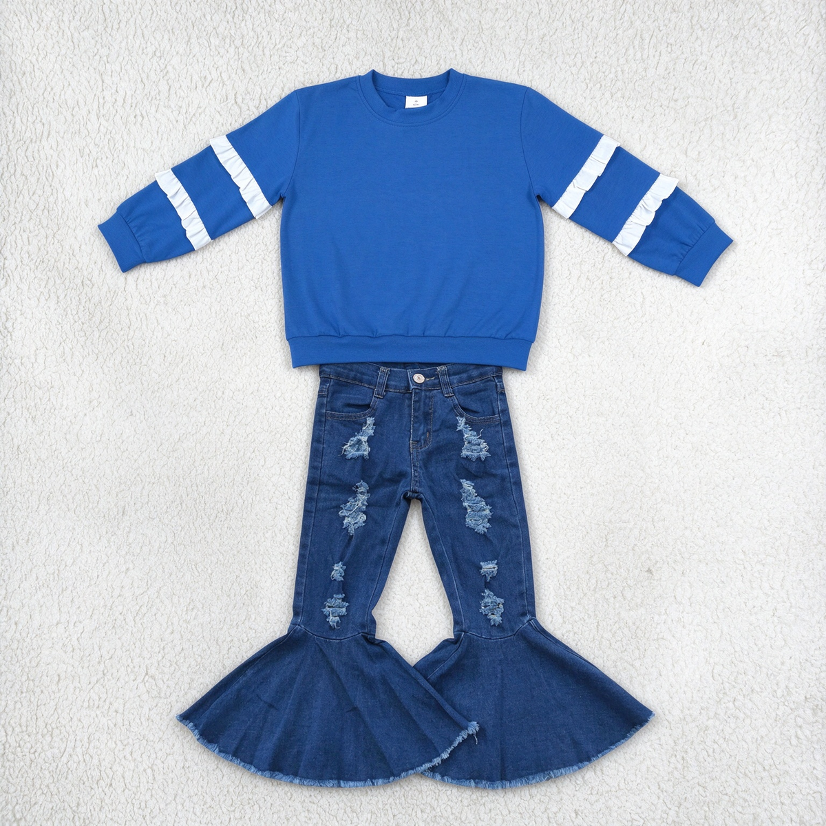 NEW RTS NO MOQ Denim GT1860+ P0133 Baby Girls Blue White Ruffle Sleeve Top Navy Distressed Denim Bell Pants Set