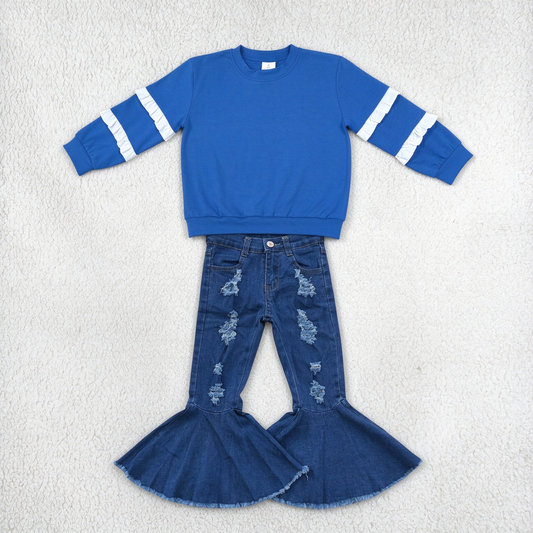 NEW RTS NO MOQ Denim GT1860+ P0133 Baby Girls Blue White Ruffle Sleeve Top Navy Distressed Denim Bell Pants Set