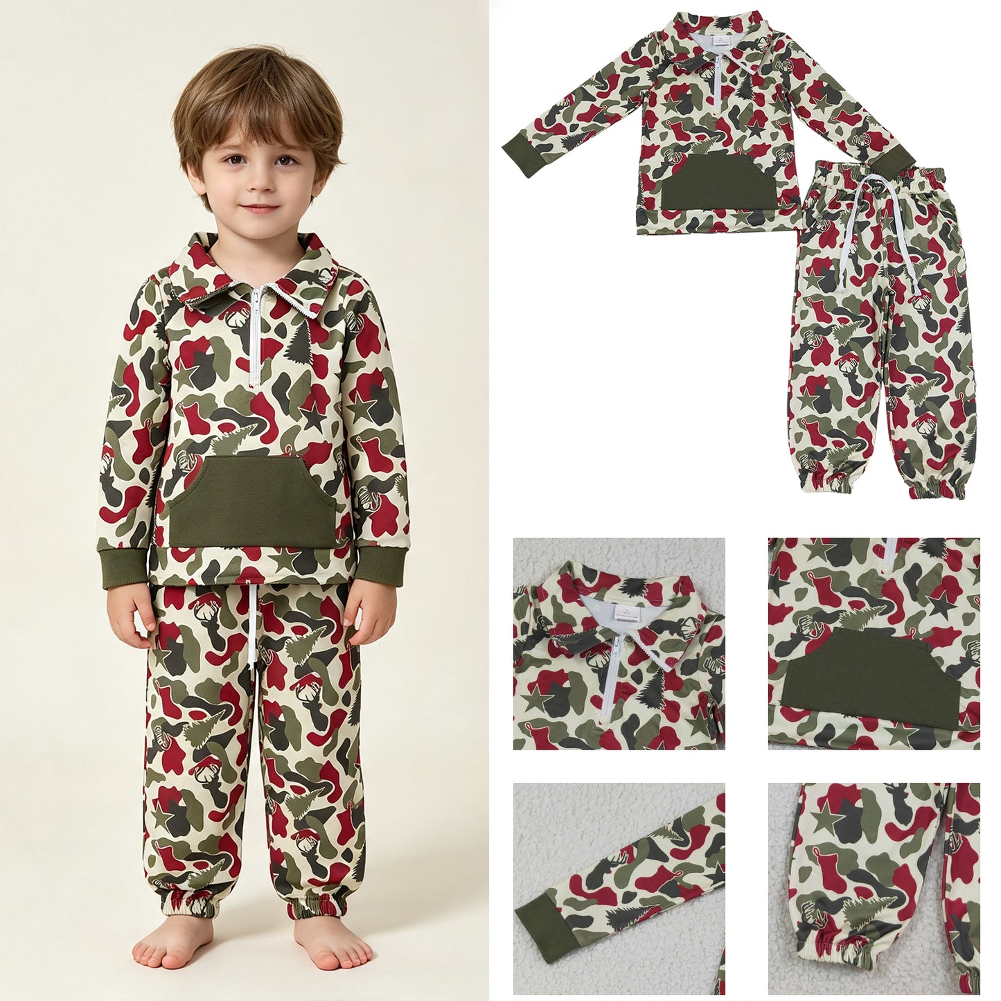 RTS No moq milk silk BLP1486 Baby Boys Red Green Camo Deer Trees Zip Pocket Pullovers Jogger Christmas Clothes Sets