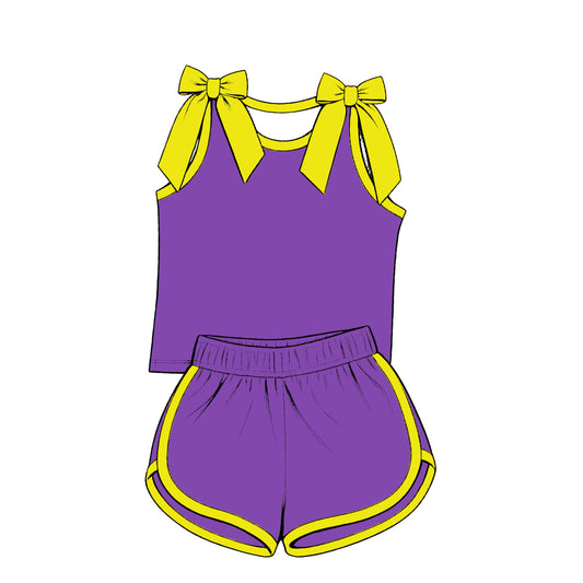 custom moq 5 mix size Baby Girls Yellow Bow Sleeveless Purple Top Shorts Summer Cute Clothing Set