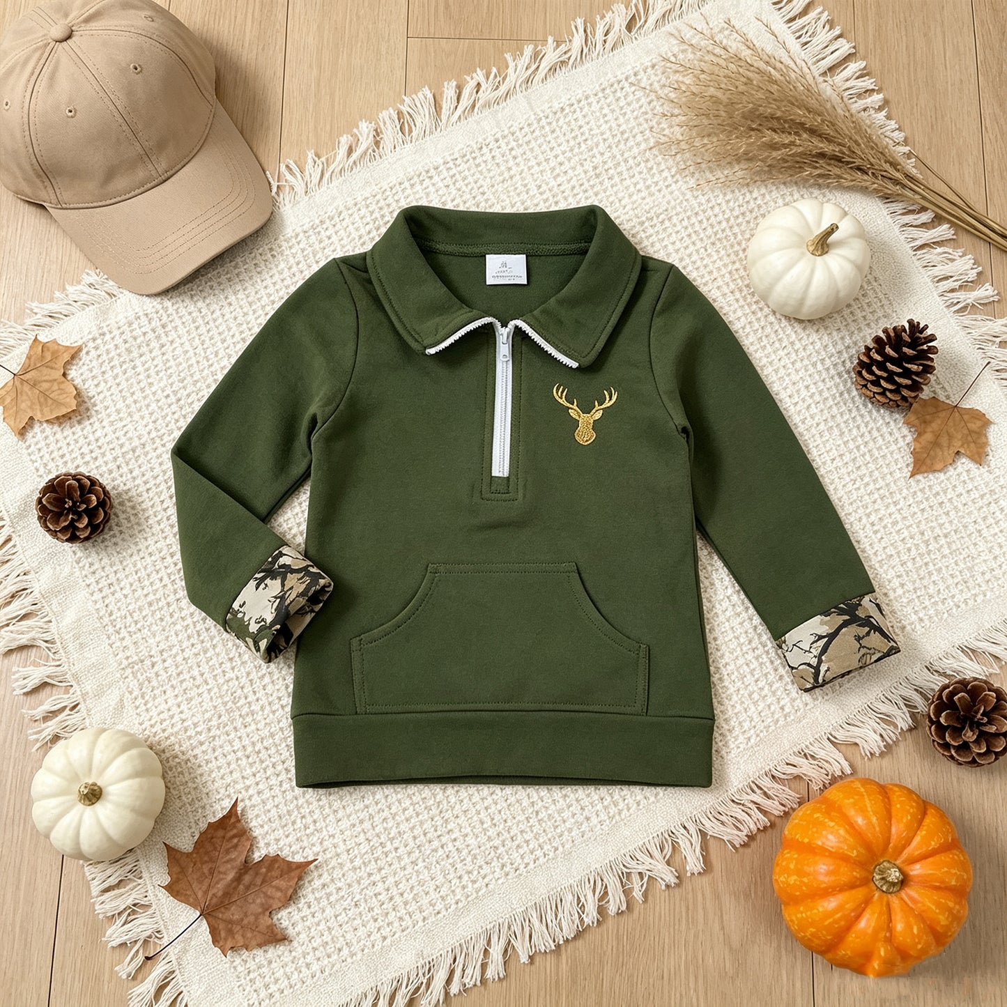 NEW RTS NO MOQ milk silk GT1694 Embroidery Deer Baby Girls Olive Long Sleeve Zip Pocket Hunting Pullovers Top